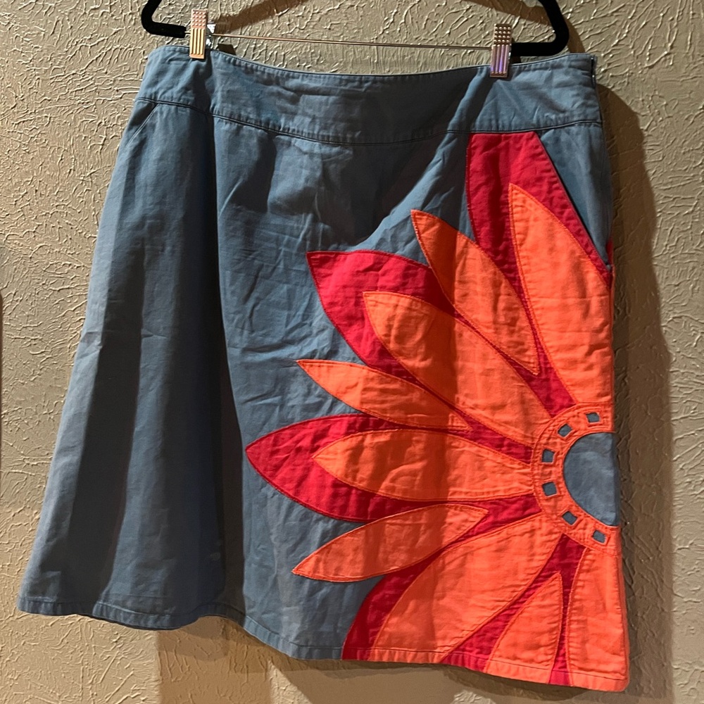 Boden Blue Skirt with Orange and Pink Sunburst Applique